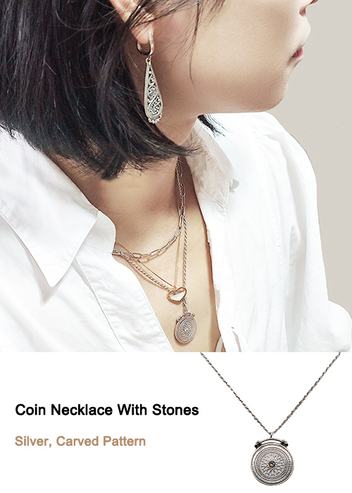 Classic Coin Stone Silver Necklace 30001